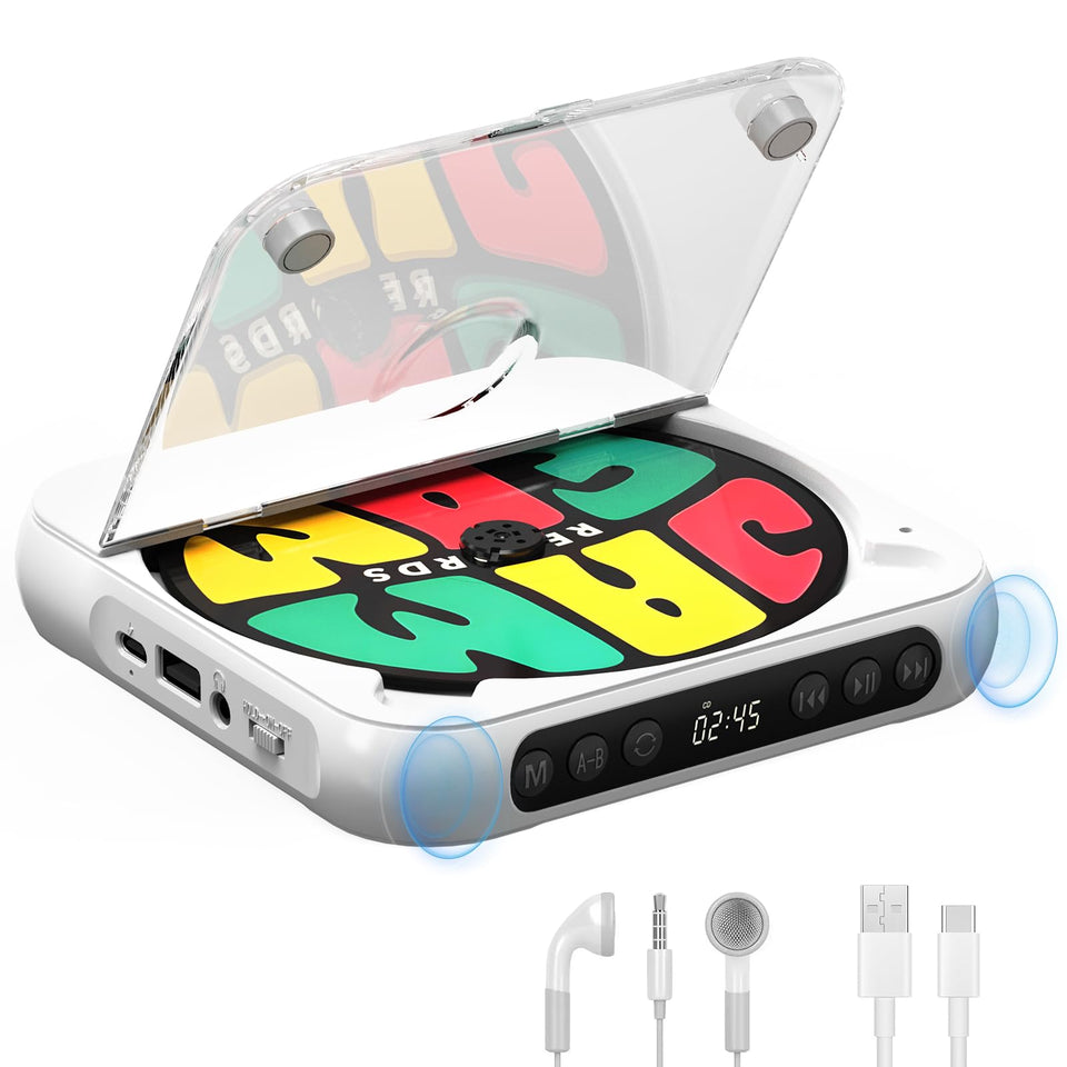 SKYANS front view showing compact white player and benefits of portable audio
