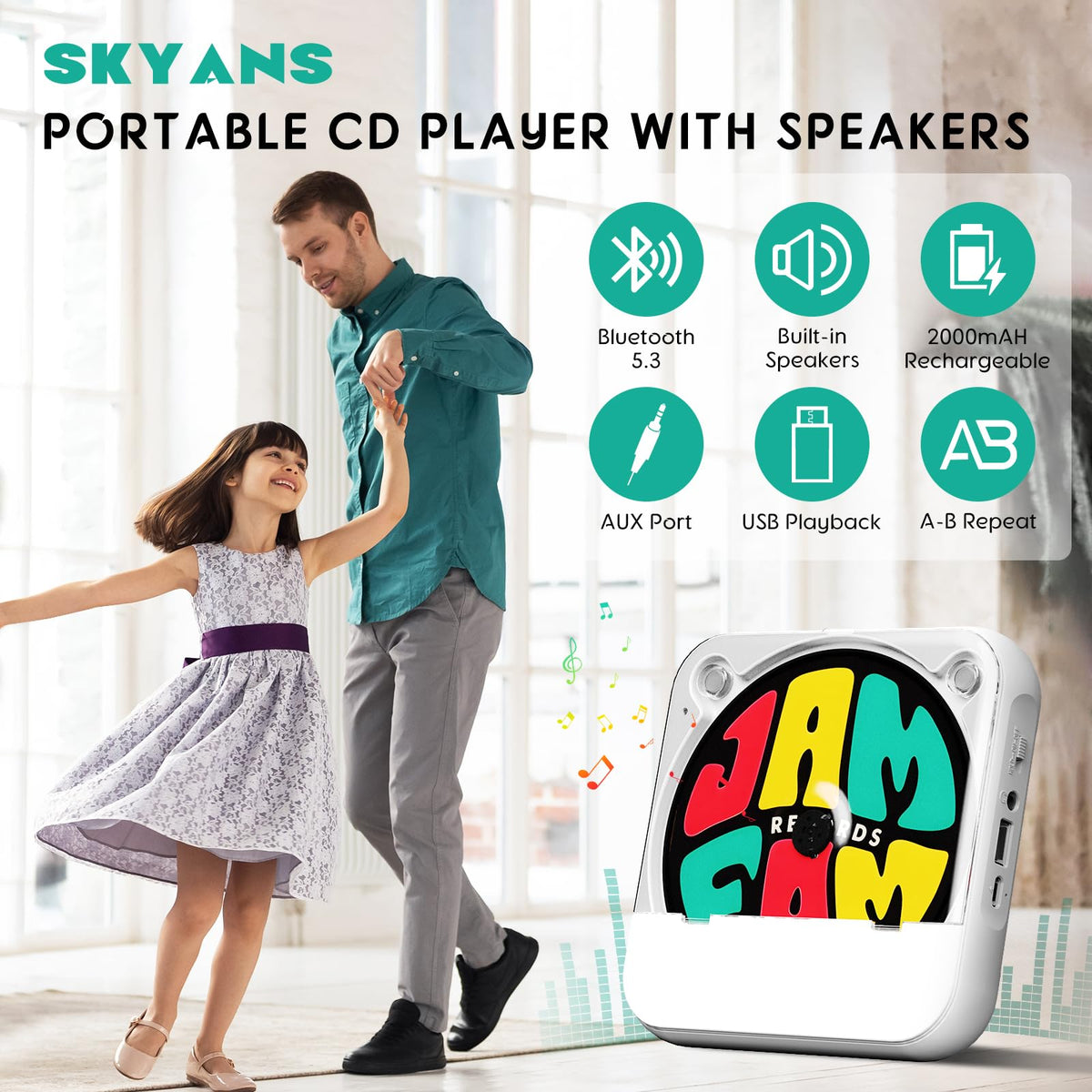 SKYANS lifestyle image playing a CD outdoors for on-the-go entertainment