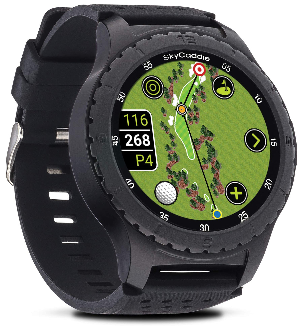 SkyCaddie LX5 color touchscreen on bright greens for quick yardage and map view.