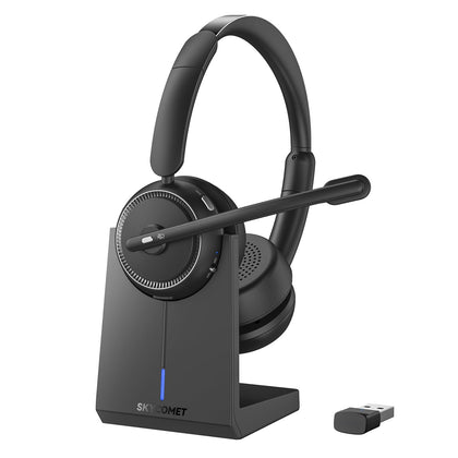 SKYCOMET front view headset showing controls and benefits for clear calls