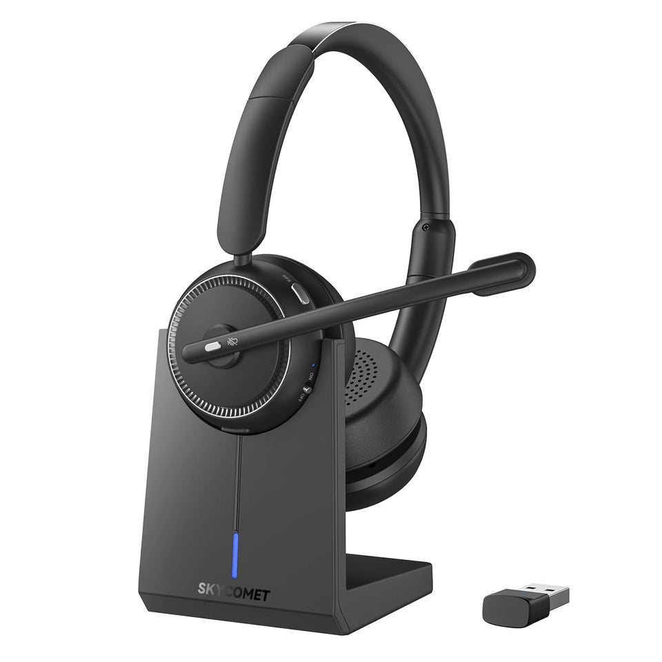 SKYCOMET front view headset showing controls and benefits for clear calls