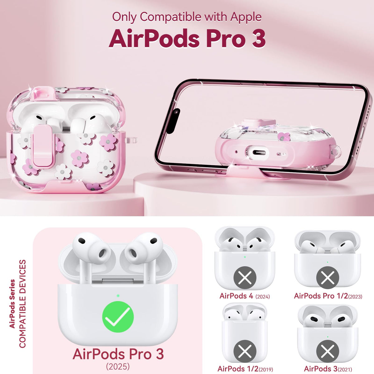 Skyconser AirPods Pro 3 case shows built-in stand for hands-free viewing.