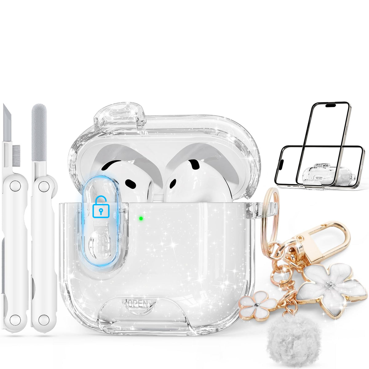 Skyconser AirPods 4th Gen glitter white case, transparent and stylish protection.