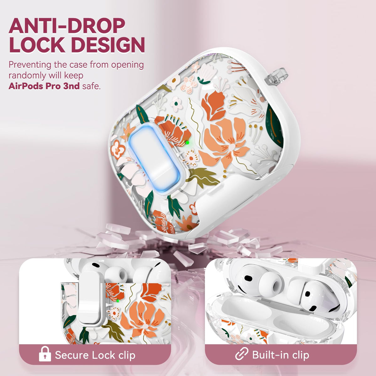 Skyconser AirPods Pro 3 case security lock keeps the lid closed during transport.