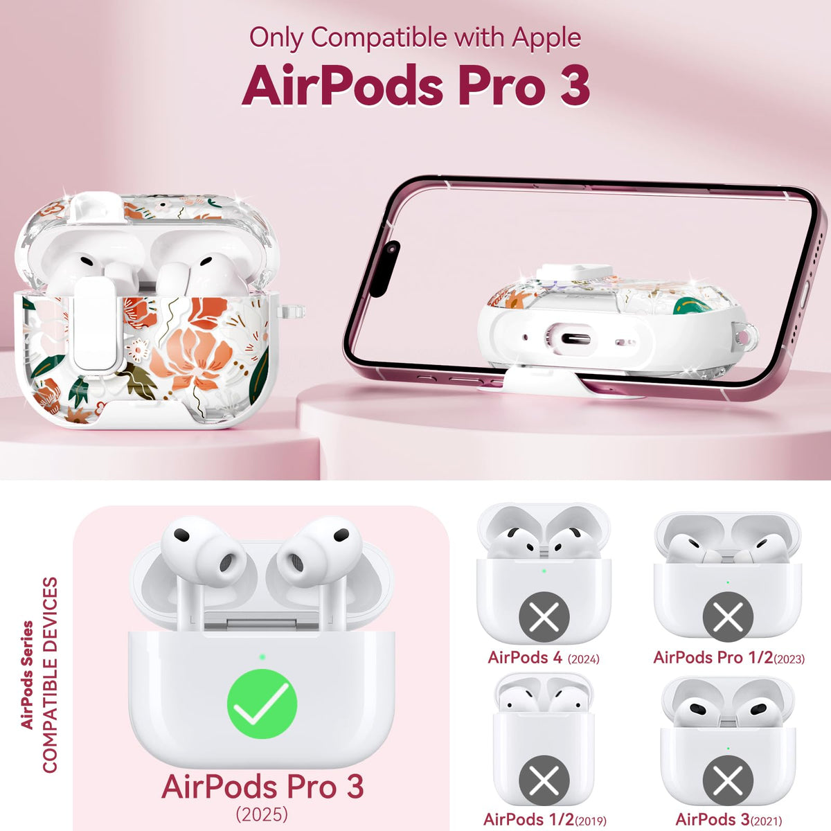 Skyconser AirPods Pro 3 case top installation step highlights secure fit and reinforced cover.