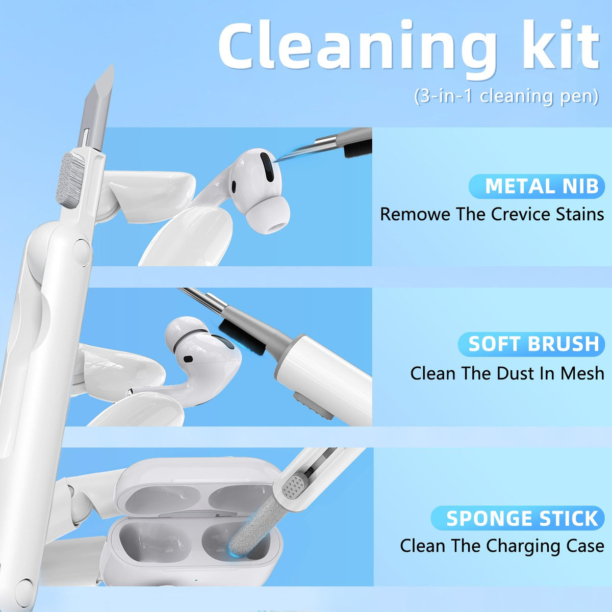 Skyconser soft cleaning kit for AirPods Pro surfaces without damage.