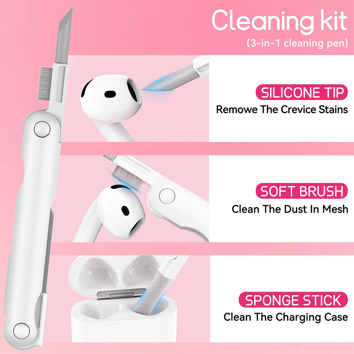 Cleaning kit with dual head pen cleans without harming components.