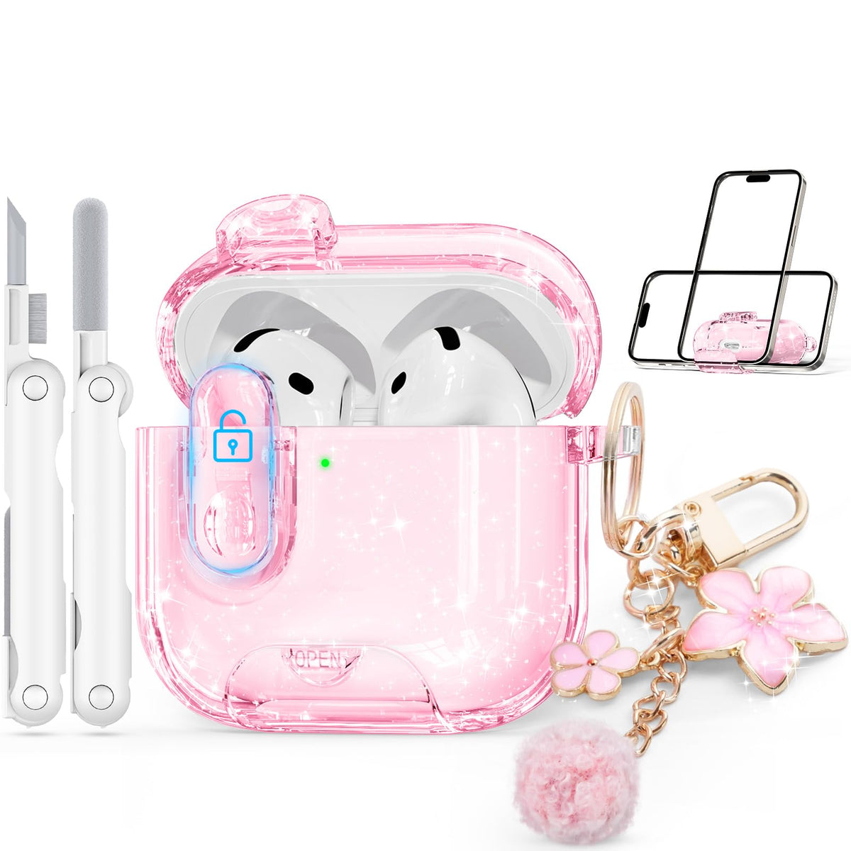Skyconser AirPods 4 clear case with safety lock keeps charging case securely closed.