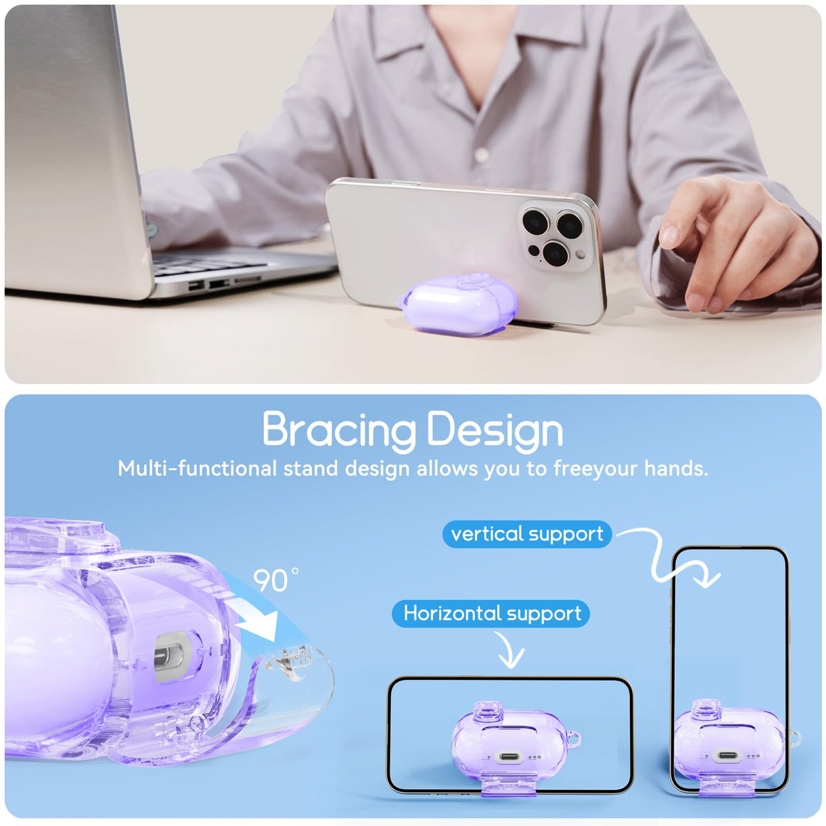 Skyconser case includes hidden phone stand for hands-free viewing.