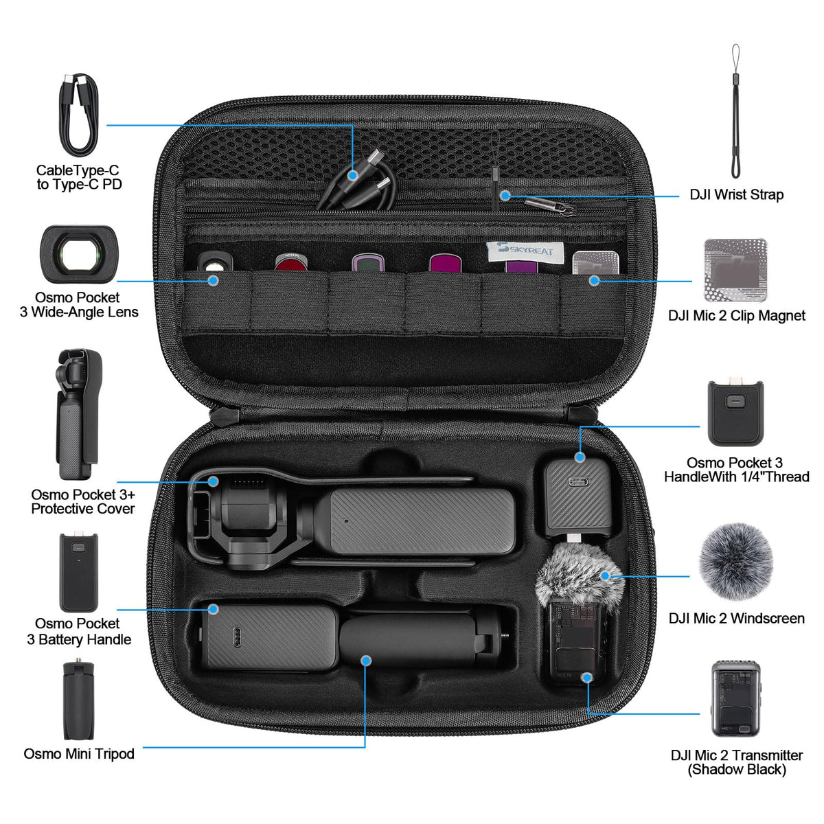 Interior layout keeps Osmo Pocket 3 and accessories neatly stored for quick access