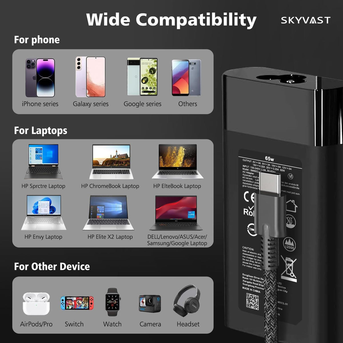Skyvast Slim 65W USB-C charger compact travel design for commuters.