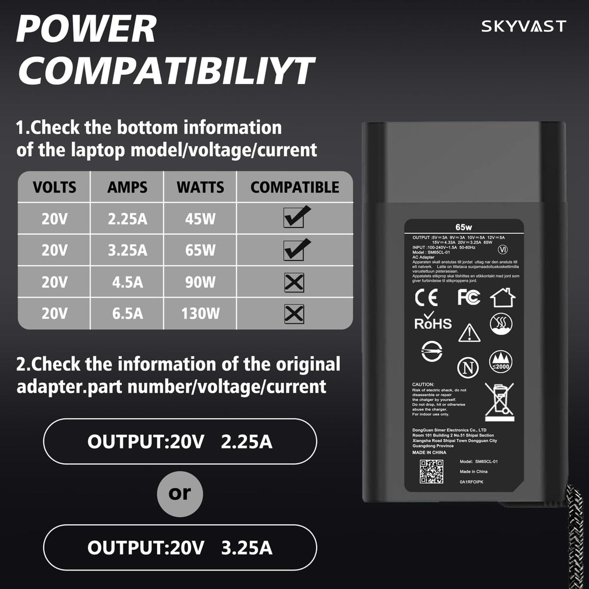 Skyvast Slim 65W USB-C charger compatibility list with HP and Spectre.