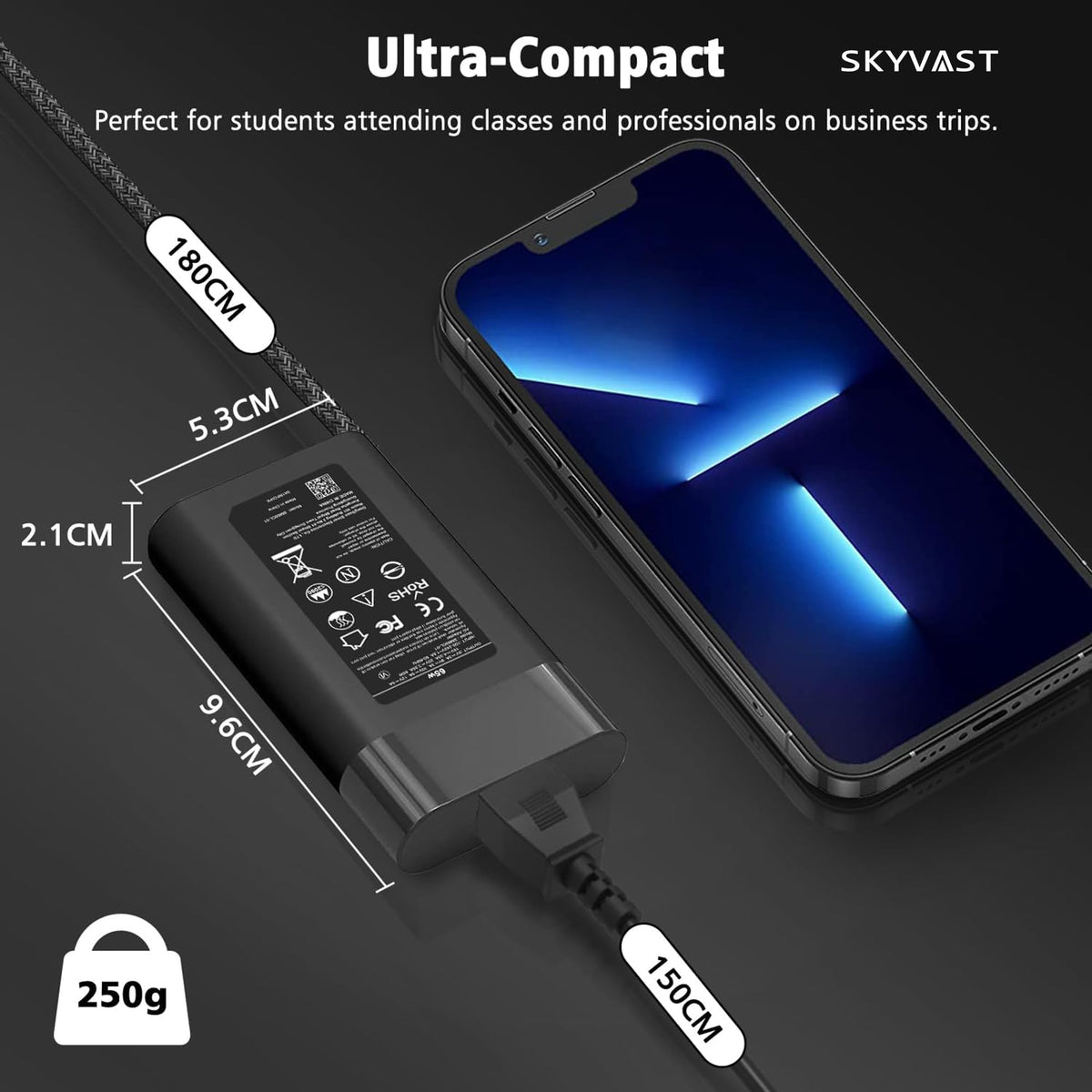 Skyvast Slim 65W USB-C charger multi-protection system guards devices.