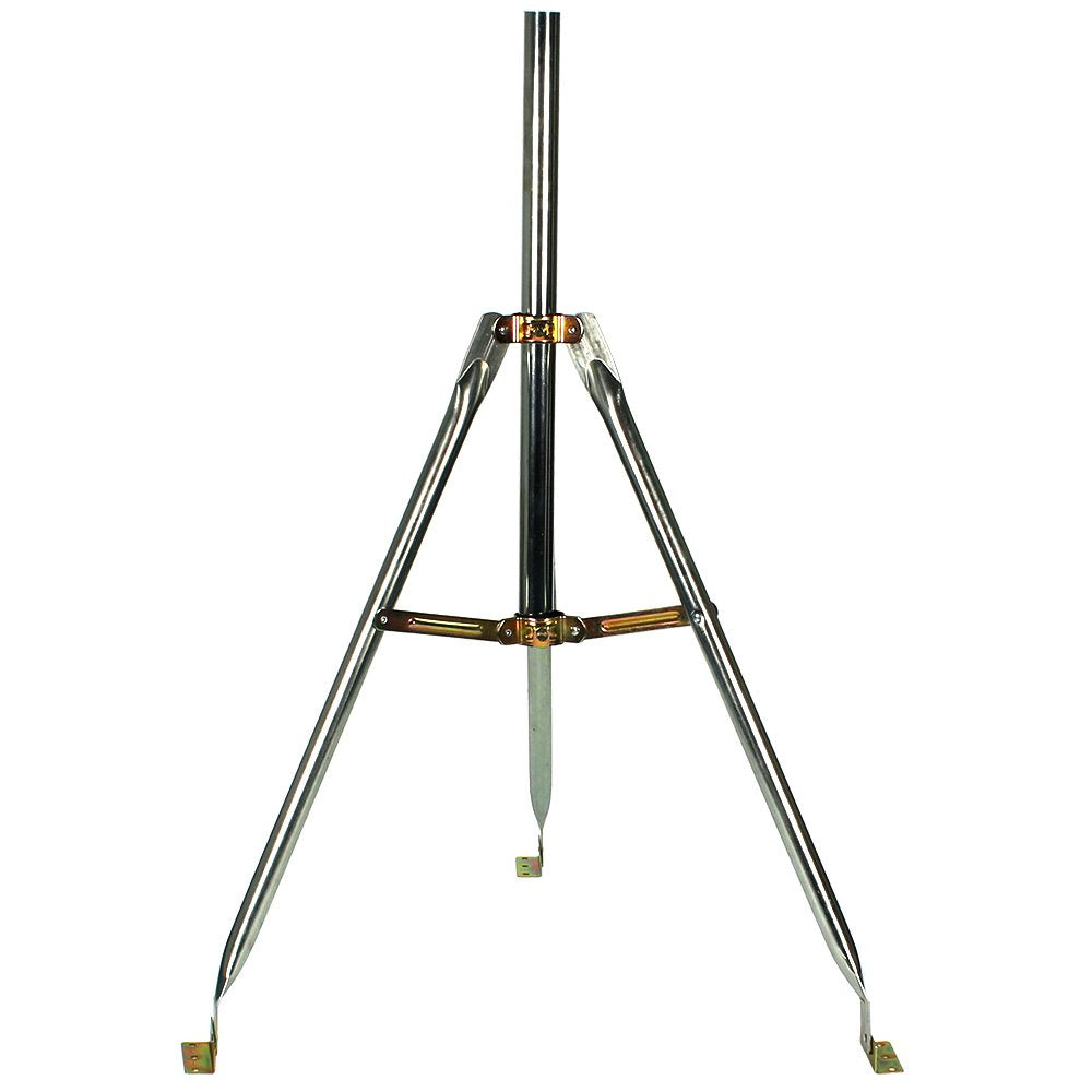 Skywalker tripod base front view showing stable footprint and secure mast