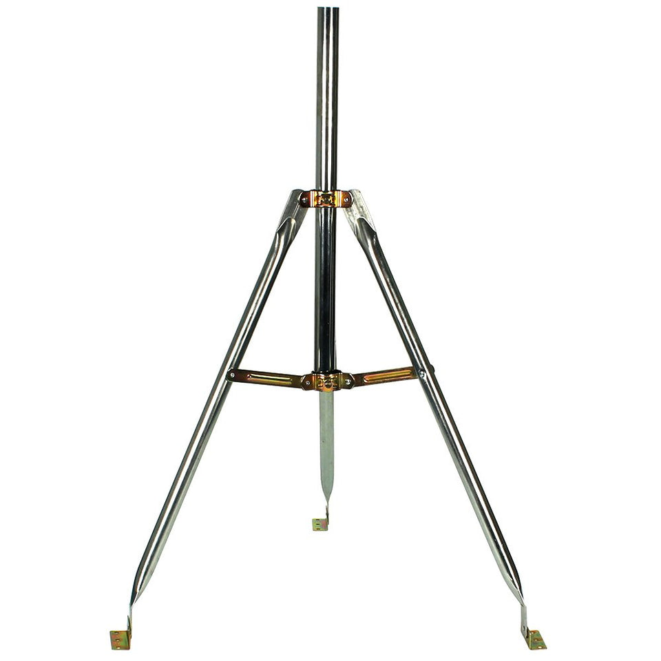 Skywalker tripod base front view showing stable footprint and secure mast