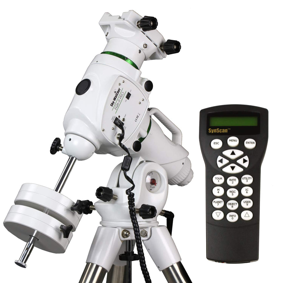 Sky-Watcher EQ6-R base assembly shows sturdy metal frame for smooth tracking.