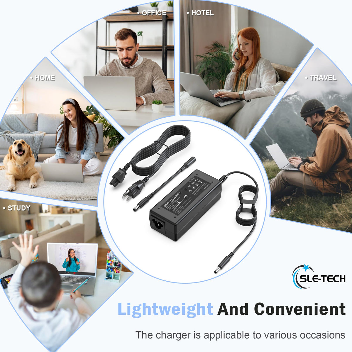 SLE-TECH 65W charger packaging includes AC adapter and power cord