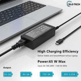 SLE-TECH 65W USB-C charger in-use on a desk with a laptop.
