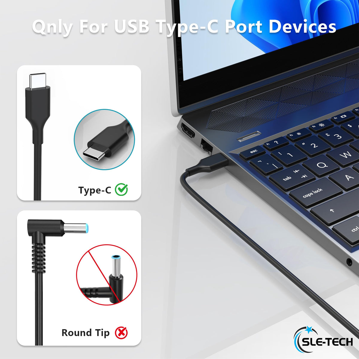 SLE-TECH 65W USB-C laptop charger side view compact and travel-friendly.