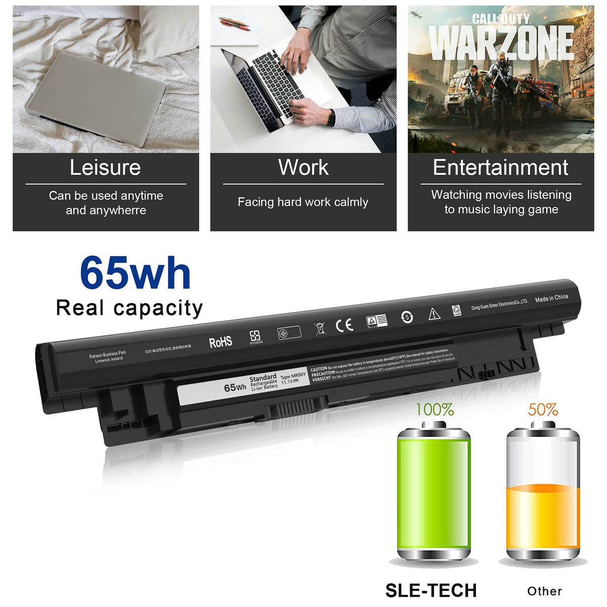 SLE-TECH MR90Y 65Wh battery inside box with quick-start guide.