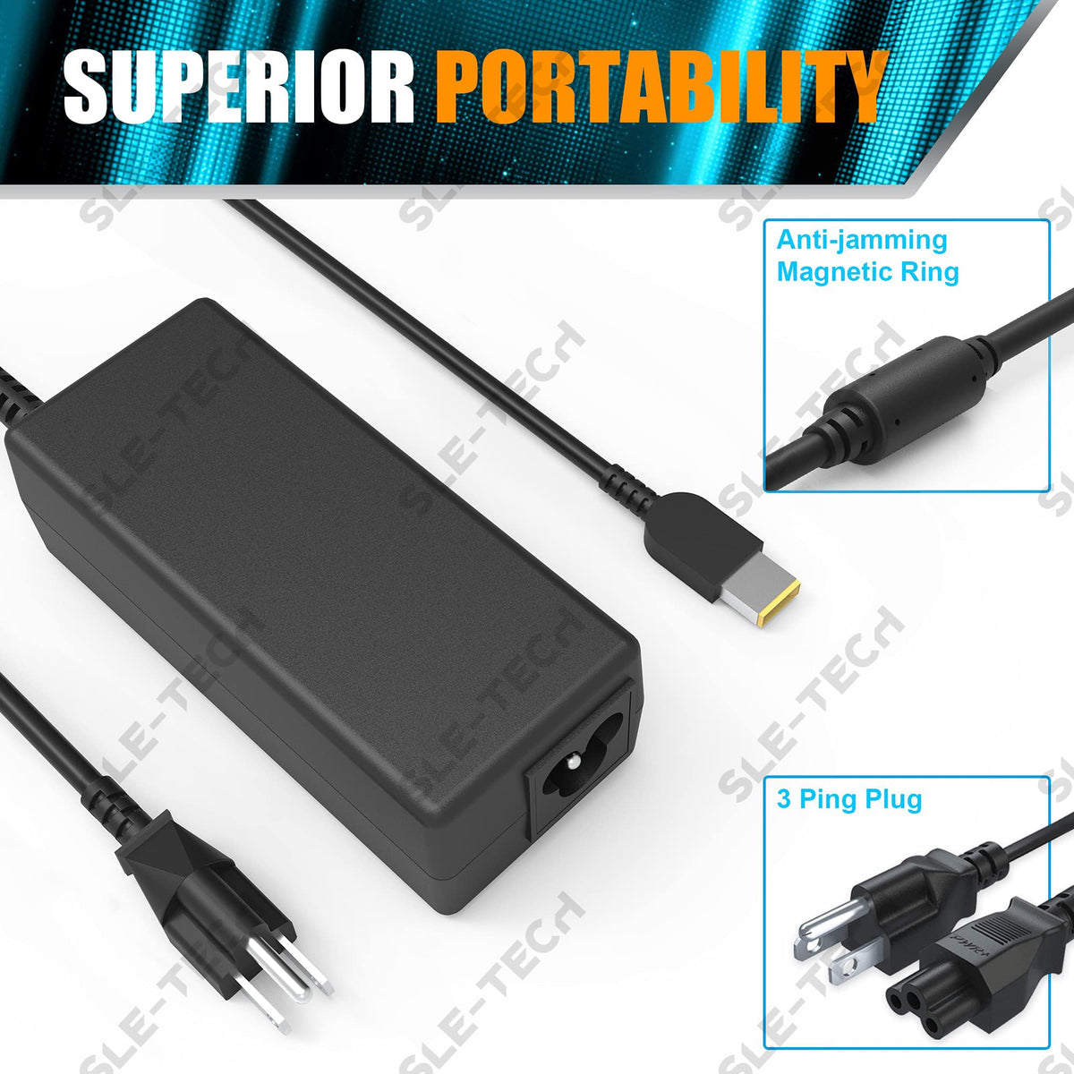 SLE-TECH 90W charger side view with versatile connectors for ThinkPads.