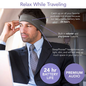 SleepPhones flat speakers sewn into a soft headband create gentle audio.