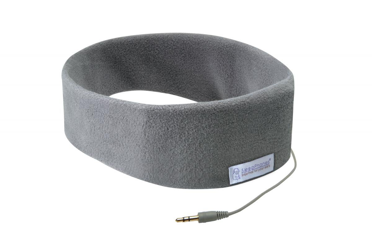 SleepPhones front view soft gray fleece headband showing comfortable fit