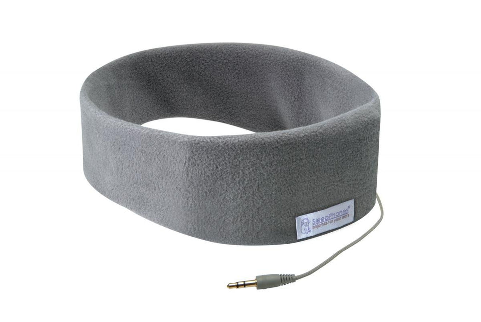 SleepPhones front view soft gray fleece headband showing comfortable fit