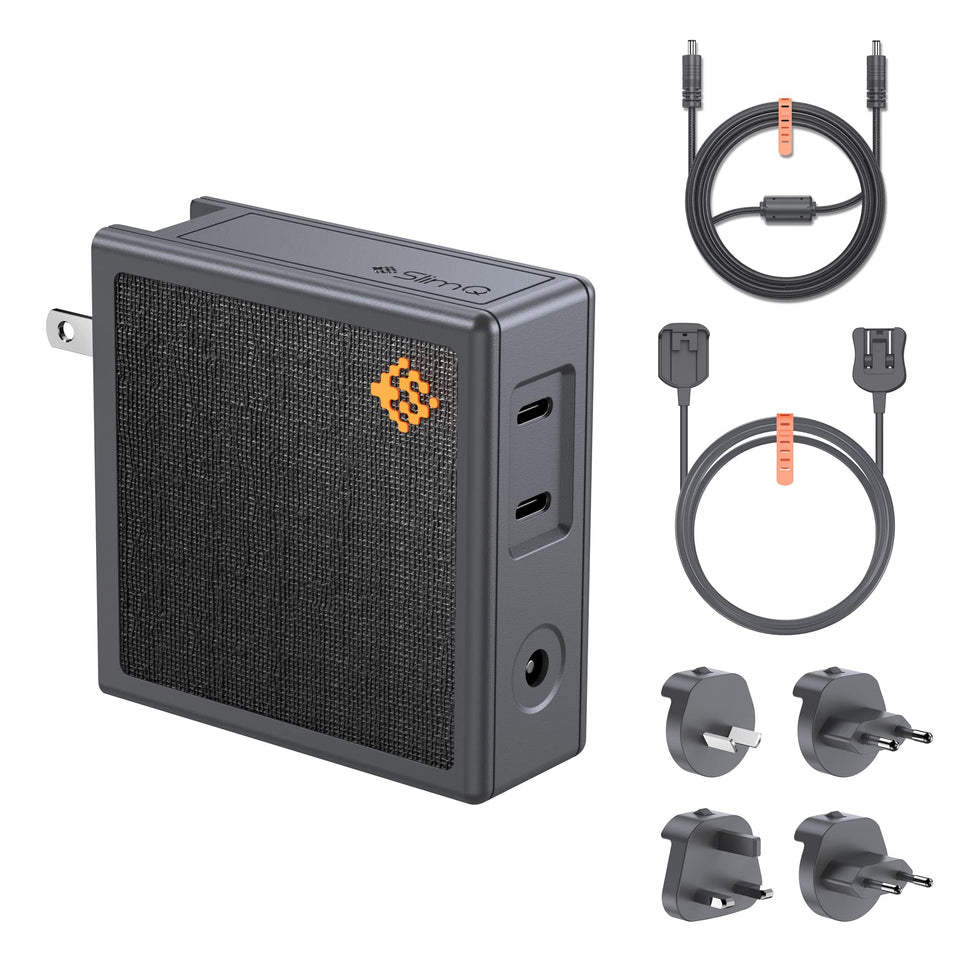 SlimQ 150W GaN charger block with compact three-port layout for simultaneous charging.