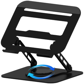 Slognny 360-rotation laptop stand on a desk enabling ergonomic viewing and sharing.