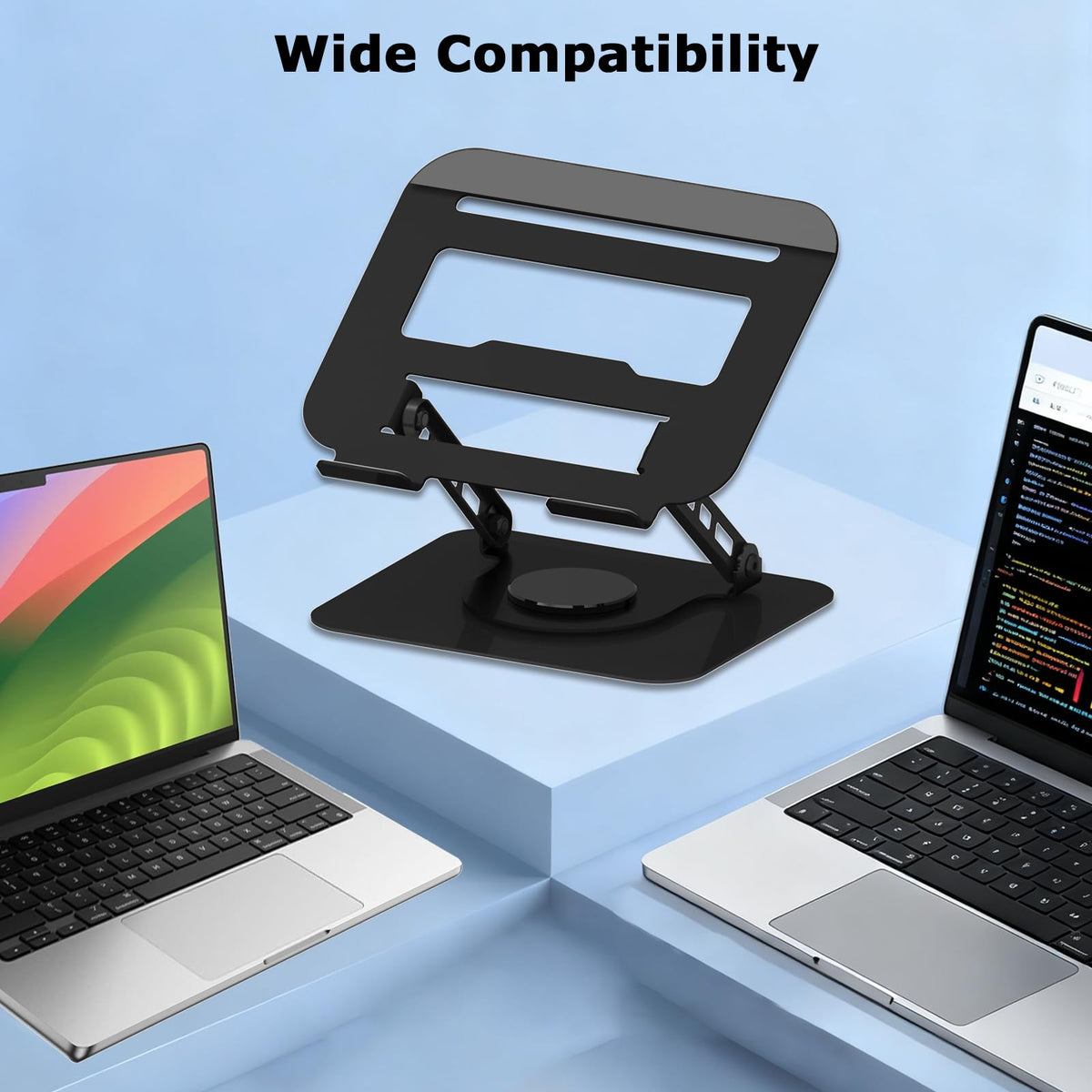 Black Slognny stand shown in everyday home or office setups.