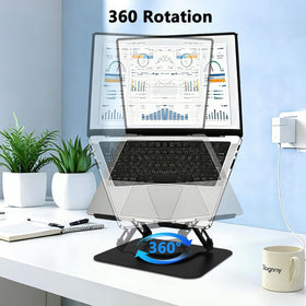 Large stable base anchors a MacBook Pro on a flat surface.
