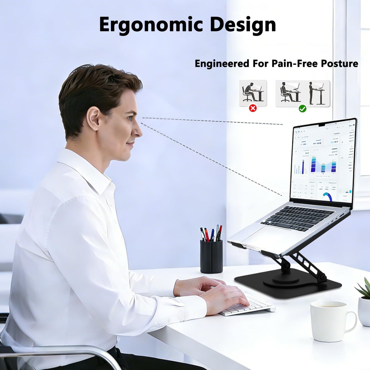 Multi-angle adjustable holder supports comfortable typing with varied height.