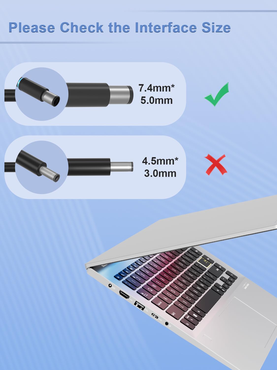 SLRIOYS connector close-up showing 7.4mm x 5.0mm plug benefit: correct fit for Dell laptops