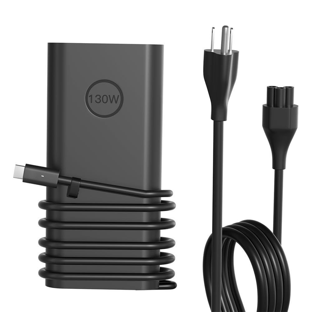 SLRIOYS 130W USB-C charger front view for Dell laptops, compact and sleek.