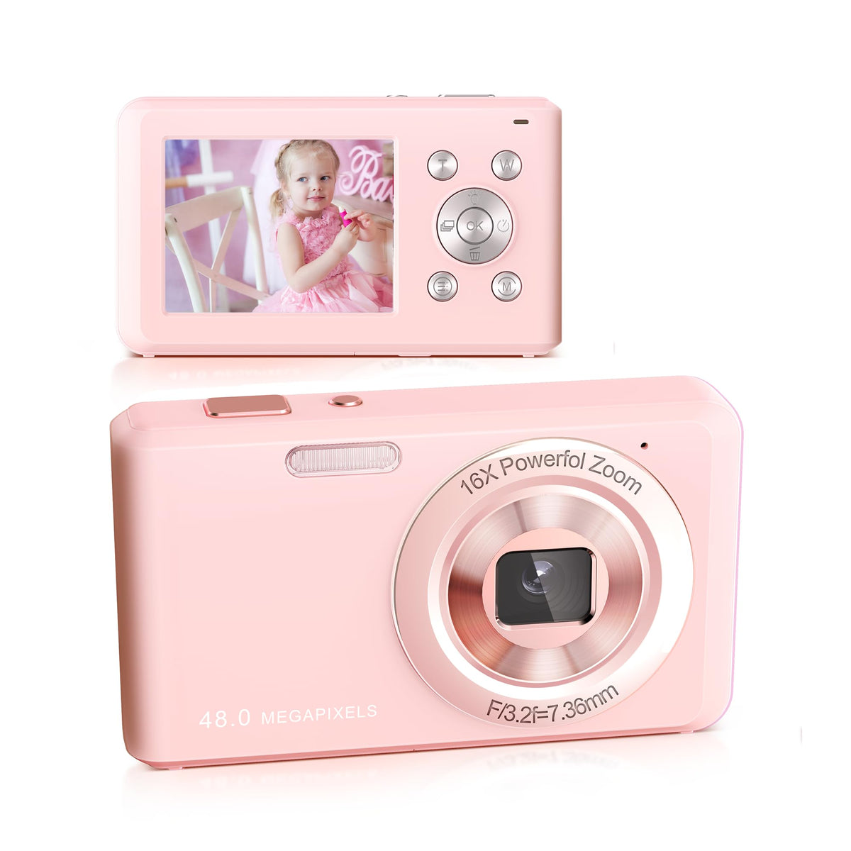 SLRNQJA front view of pink camera showing lens and easy grip for fun photos