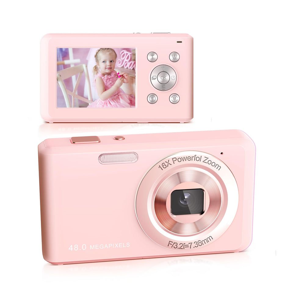 SLRNQJA front view of pink camera showing lens and easy grip for fun photos