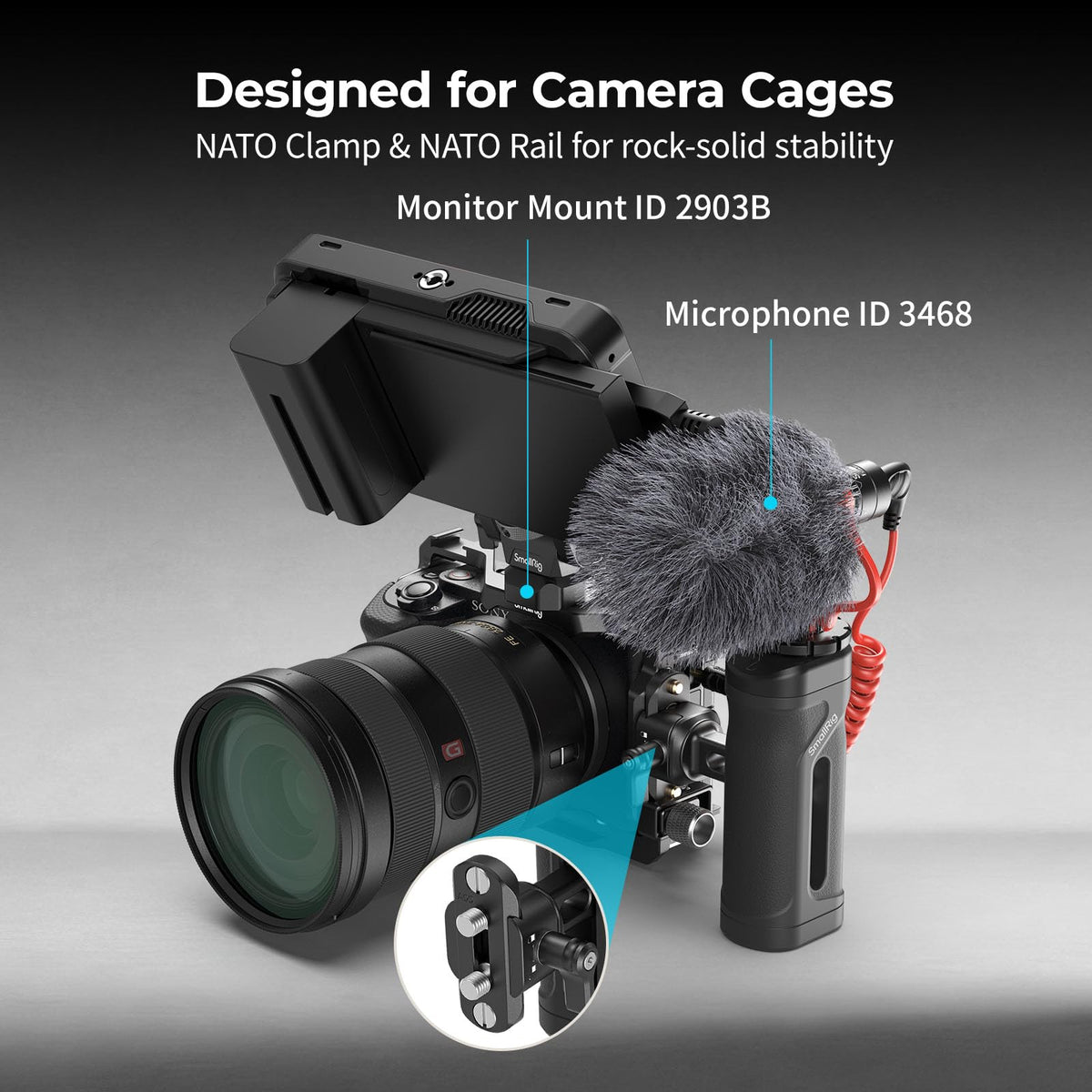 SmallRig handle vertical adjustment detail showing 30mm travel for balancing heavier camera setups