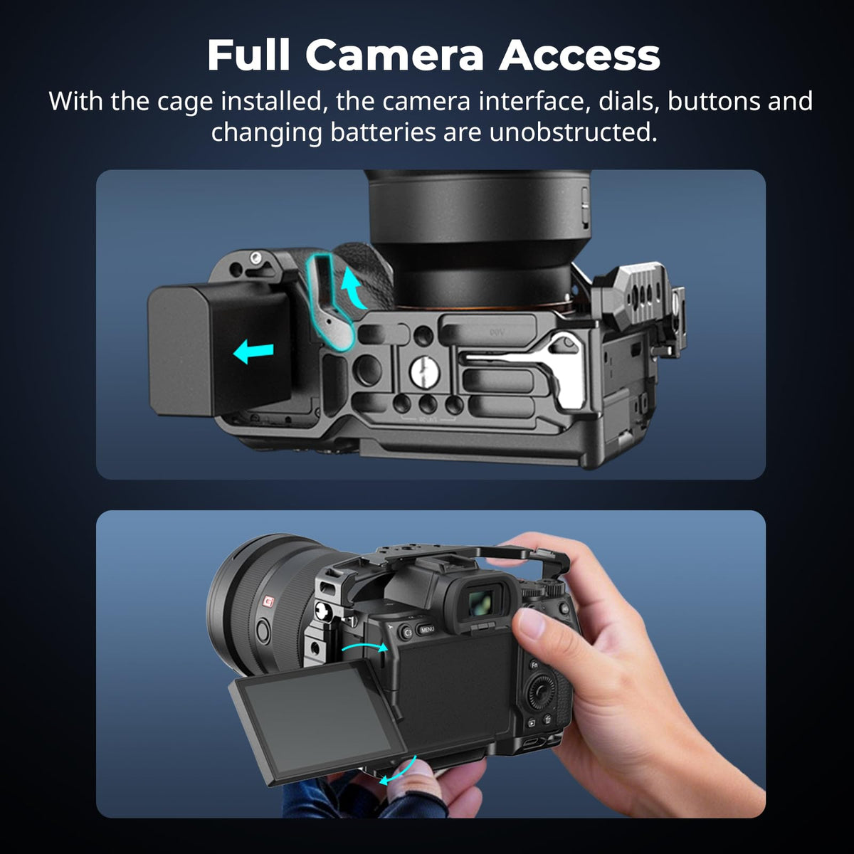 SmallRig HawkLock cage compatible with HDMI cable clamps for tidy cable management.