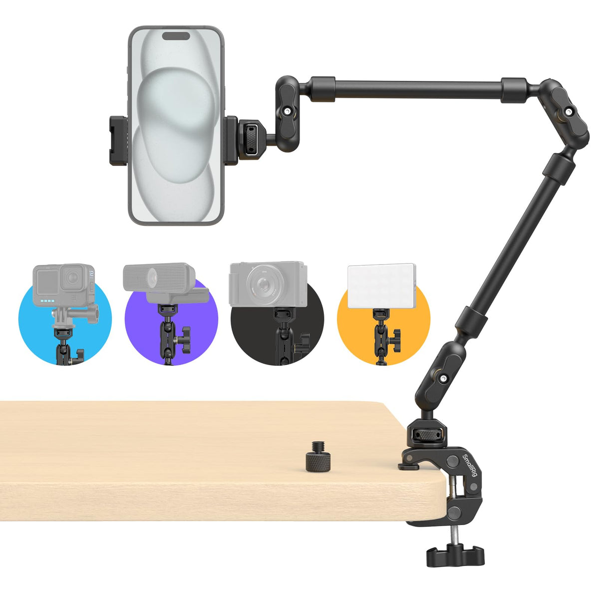 SMALLRIG front view of 22 inch magic arm showing full reach and mounting options