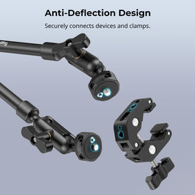 SMALLRIG arm holding light and webcam highlighting versatile mounting capability