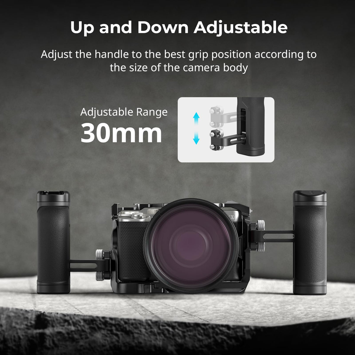 SMALLRIG handle shown adjusted up and down to display 30mm vertical travel for ergonomic fit
