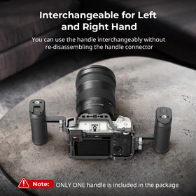 SMALLRIG handle mounted on a camera cage demonstrating added stability for handheld shooting
