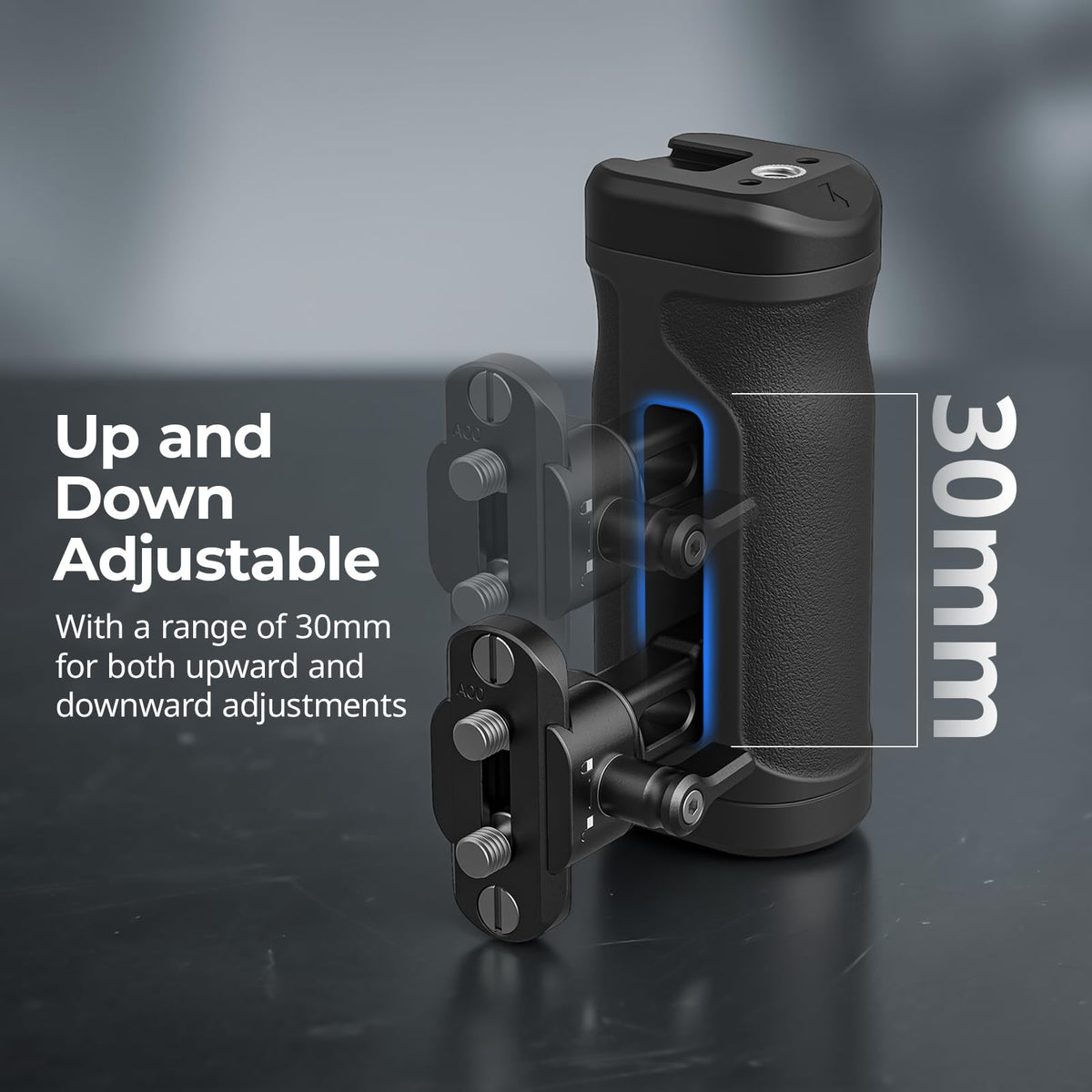 SMALLRIG top handle mounted on ARRI-style bracket, enables secure overhead holds
