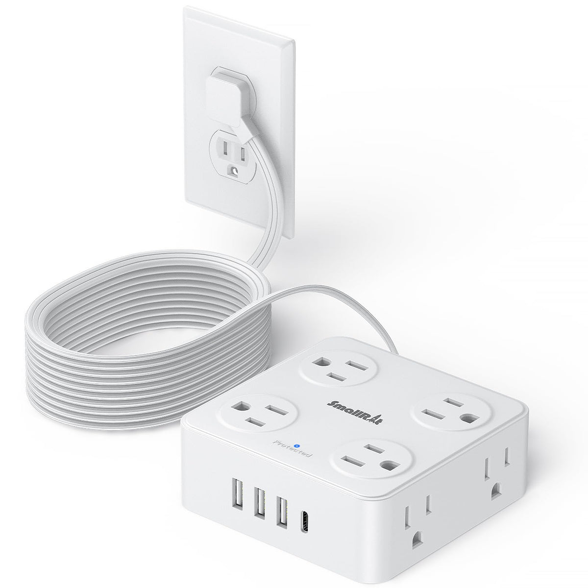 SMALLRT 10ft power strip with flat plug saves wall space behind a desk