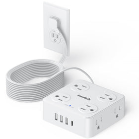 SMALLRT 10ft power strip with flat plug saves wall space behind a desk