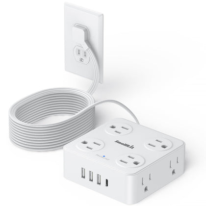 SMALLRT 10ft power strip with flat plug saves wall space behind a desk