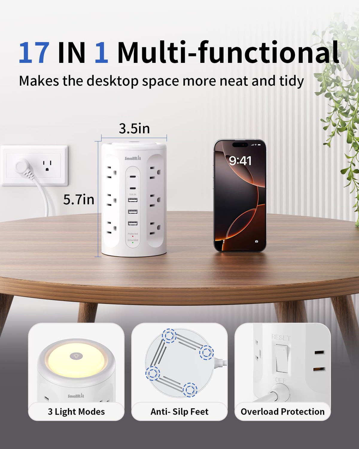 SMALLRT 1800J surge protection guards electronics from power spikes.