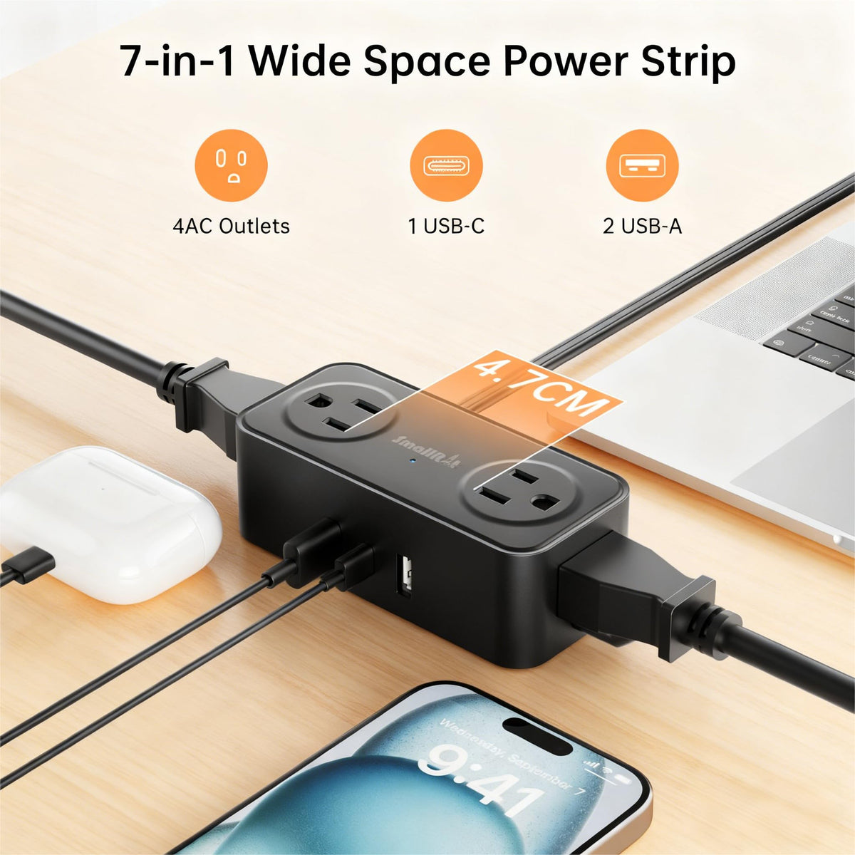 SmallRT 7-in-1 power strip offers four outlets and USB ports for multiple devices.