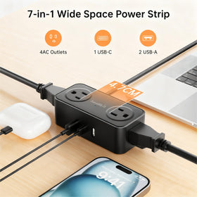SmallRT 7-in-1 power strip offers four outlets and USB ports for multiple devices.